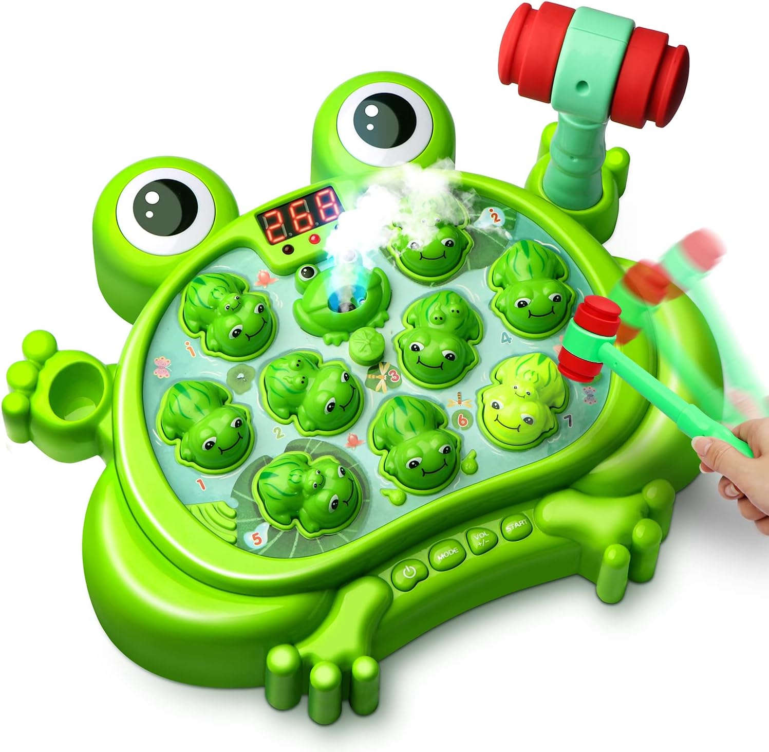 Interactive frog-themed hammer game by Hoperock, featuring vibrant green frogs, a playful mallet, and engaging light-up and sound effects for kids.