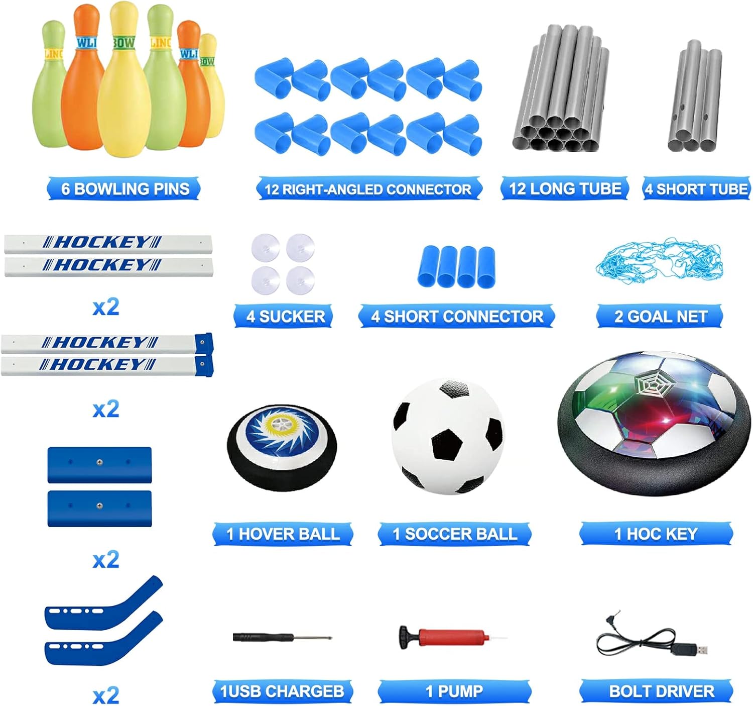 Hoperock multi-sports set including hover soccer ball, hockey sticks, bowling pins, soccer ball, goal nets, connectors, and accessories for an engaging and versatile play experience for kids