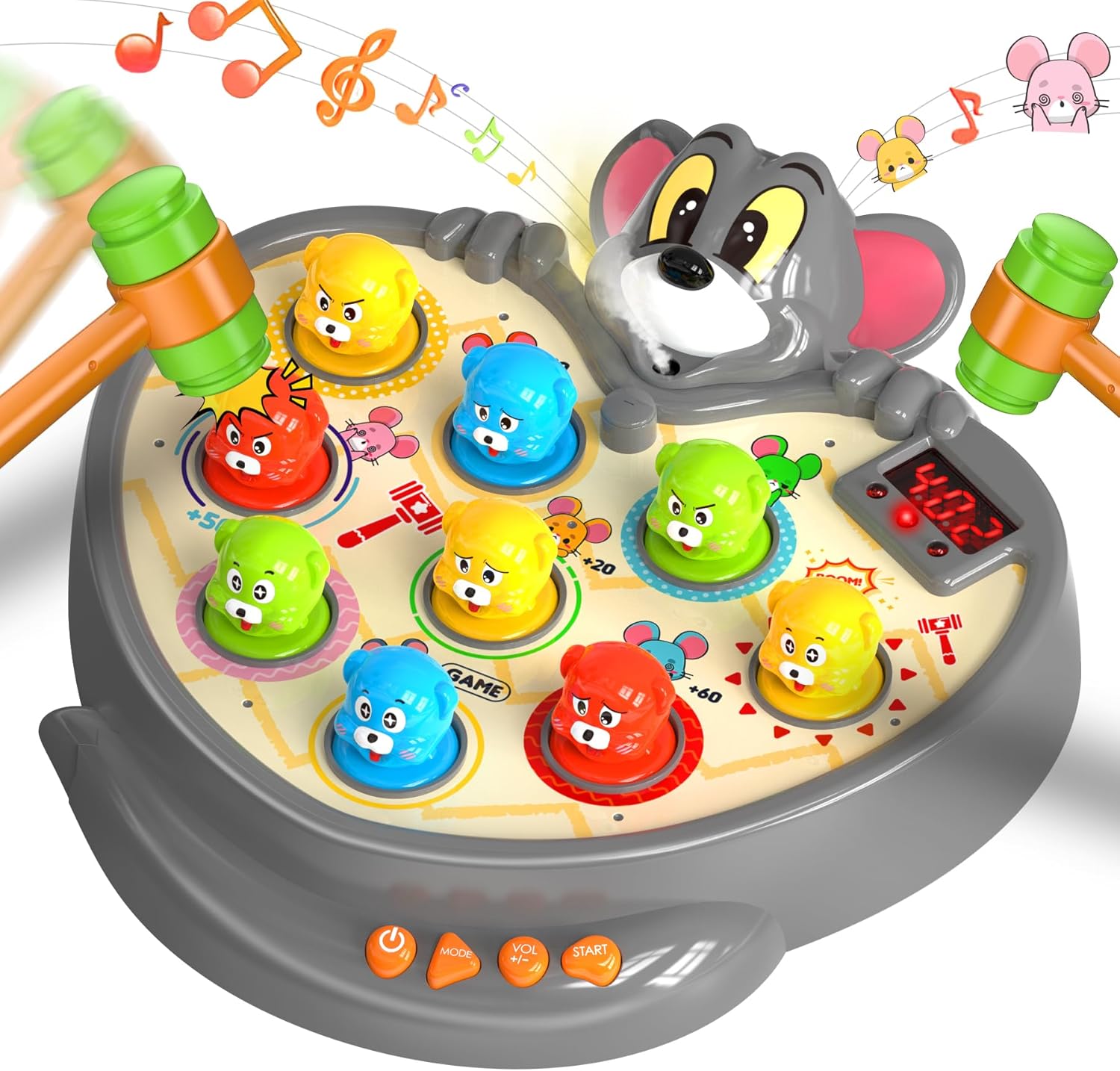 Hoperock interactive whack-a-mole game featuring a fun mouse theme, colorful pop-up characters, music, sound effects, LED score display, and soft hammers for safe and engaging playtime for kids