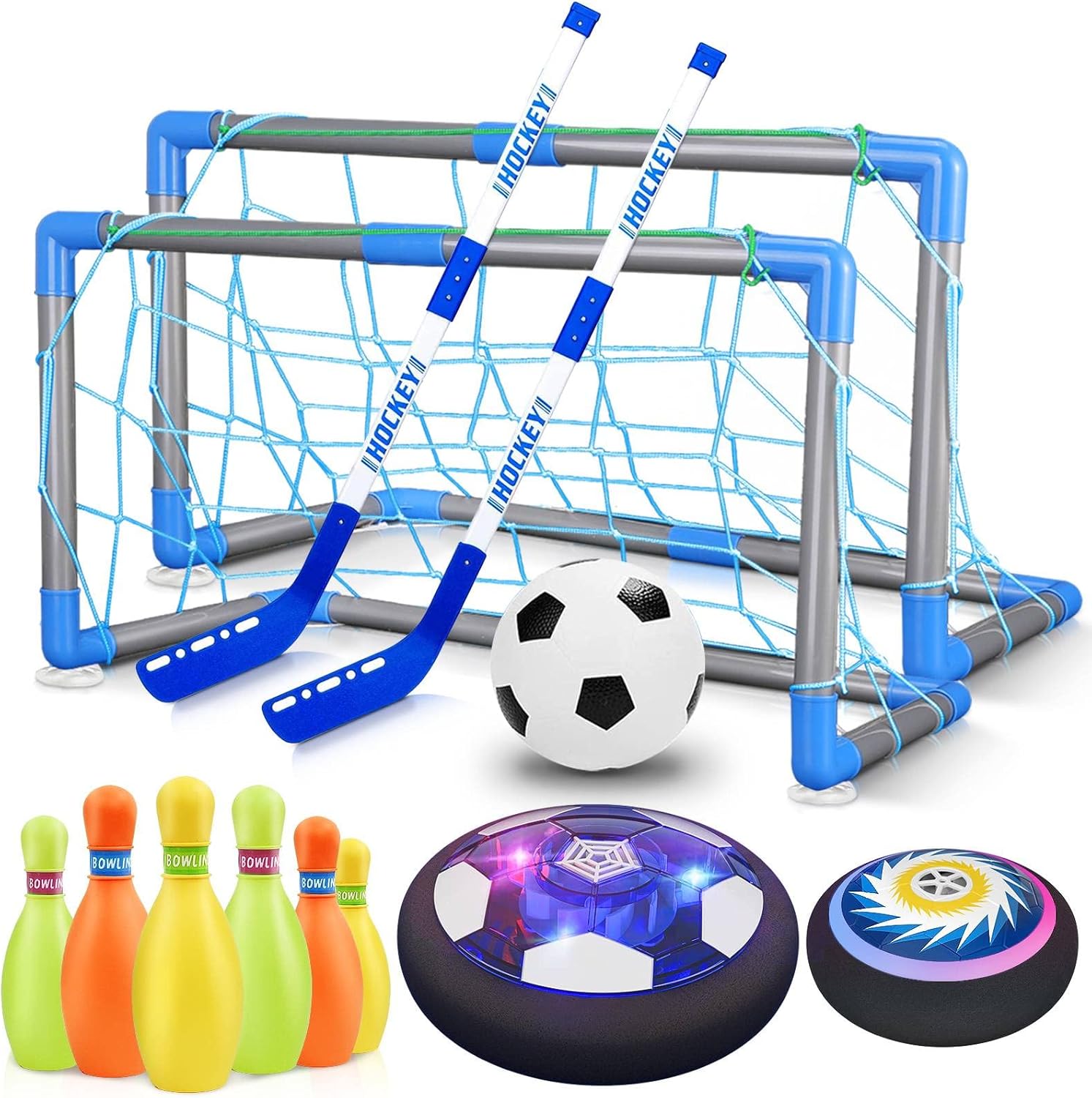 Hoperock multi-sport playset, including hockey goals, sticks, soccer ball, bowling pins, and hover ball, designed for active kids to enjoy exciting indoor and outdoor sports activities