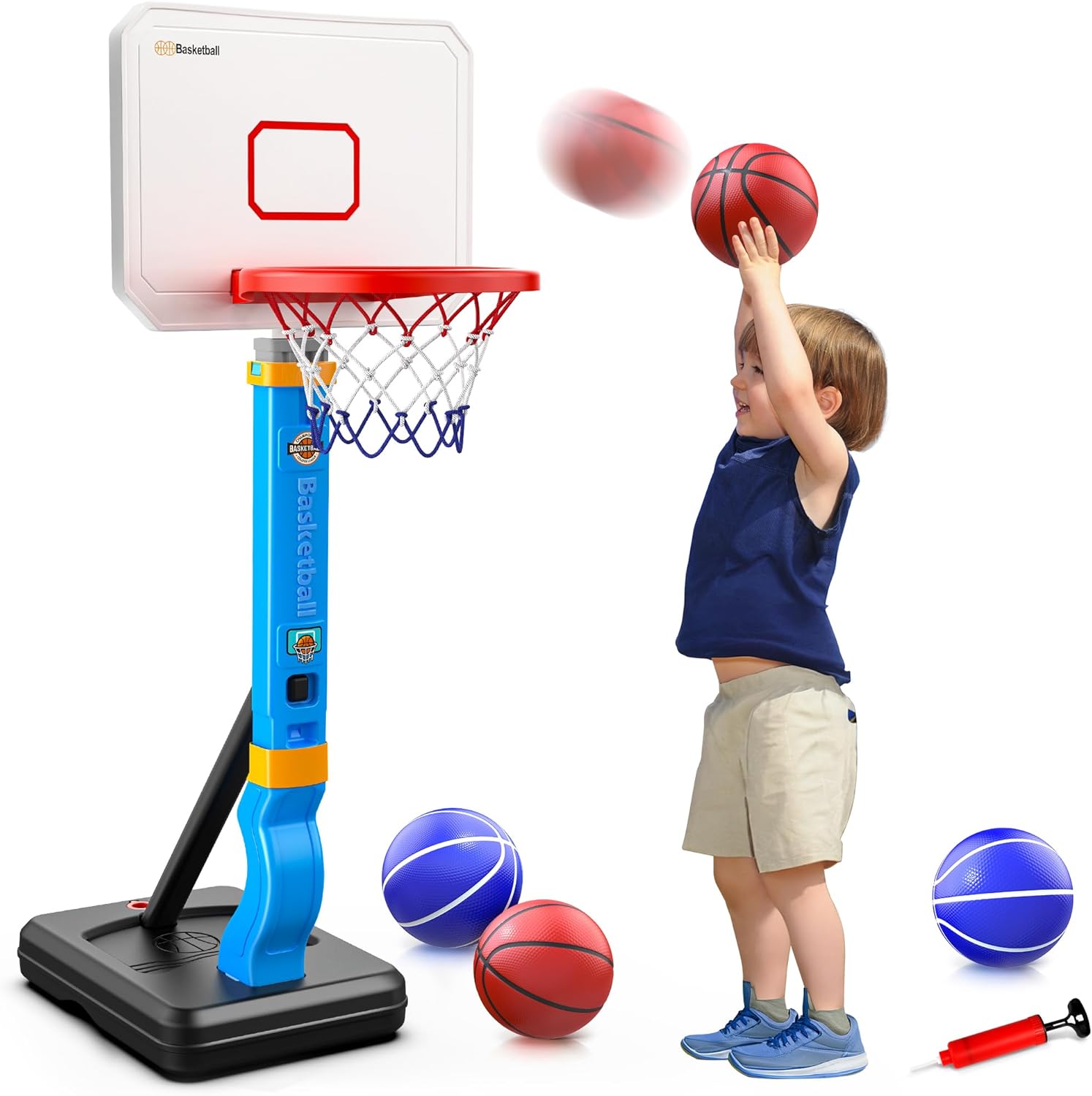 Adjustable basketball hoop for kids by Hoperock, featuring a sturdy base, colorful design, and included mini basketballs and pump, perfect for indoor or outdoor fun and skill-building