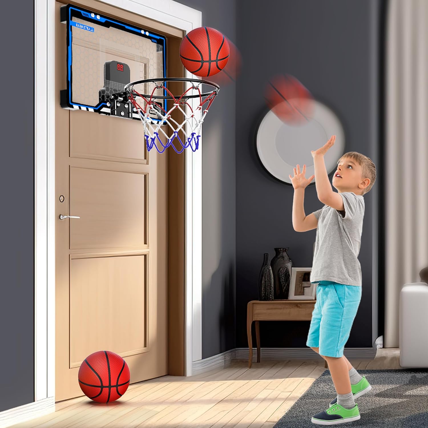 Young boy practicing basketball shots with the Hoperock over-the-door basketball hoop, featuring a durable backboard, realistic net, and compact design for indoor fun and skill development.