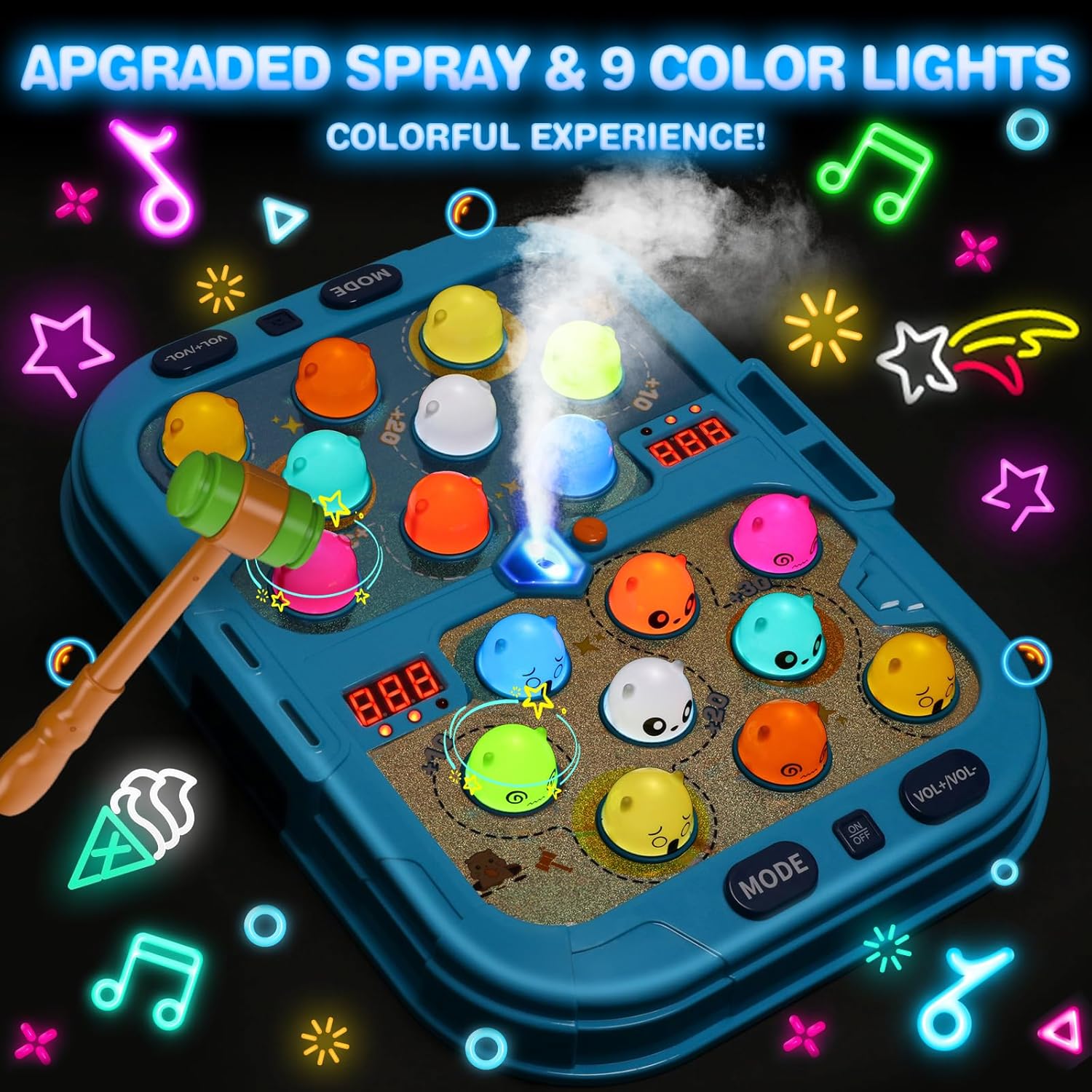 Hoperock upgraded interactive hammer game with 9 colorful LED lights, mist spray function, multiple game modes, and vibrant designs for a fun and immersive play experience