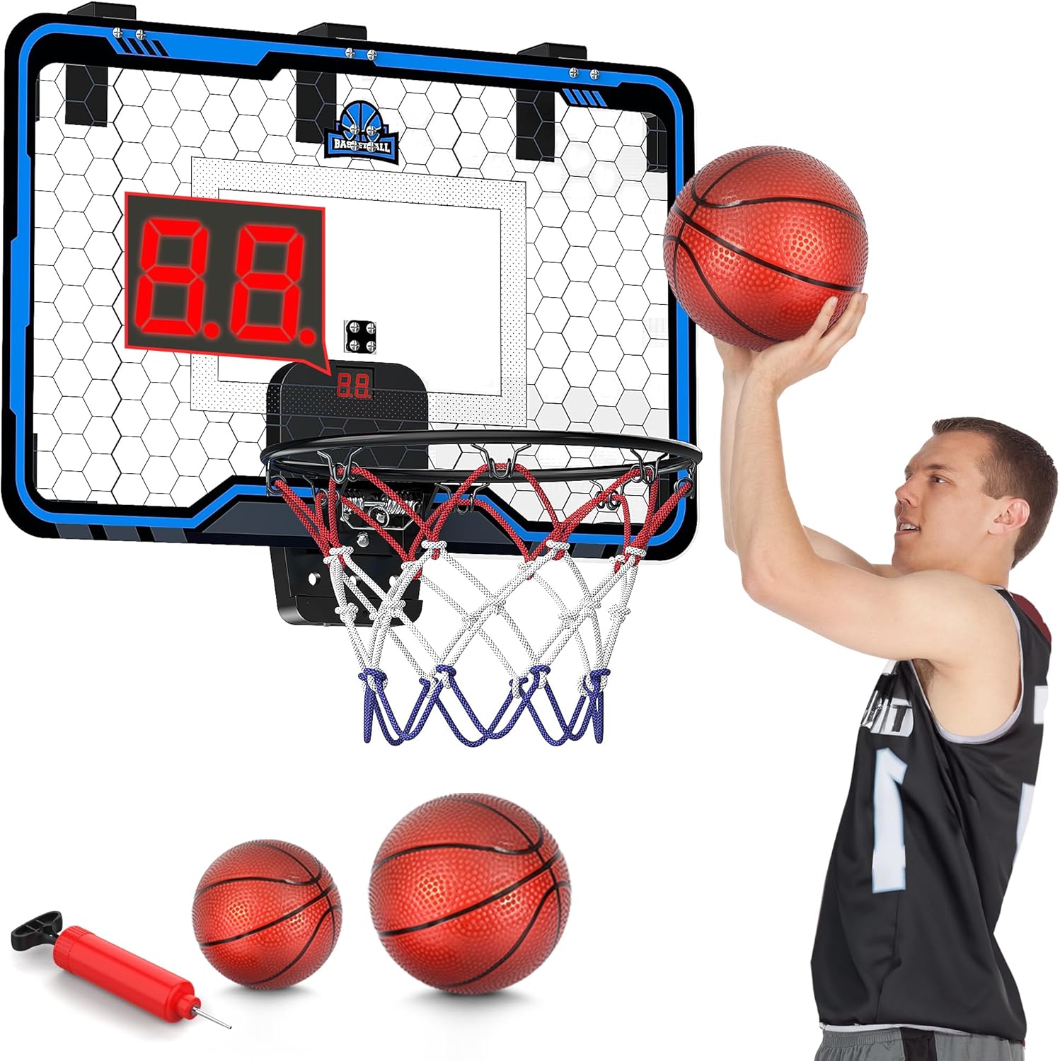 Hoperock over-the-door basketball hoop set featuring an LED score display, durable backboard with a hexagonal design, red and blue net, mini basketballs, and pump, perfect for indoor competitive play