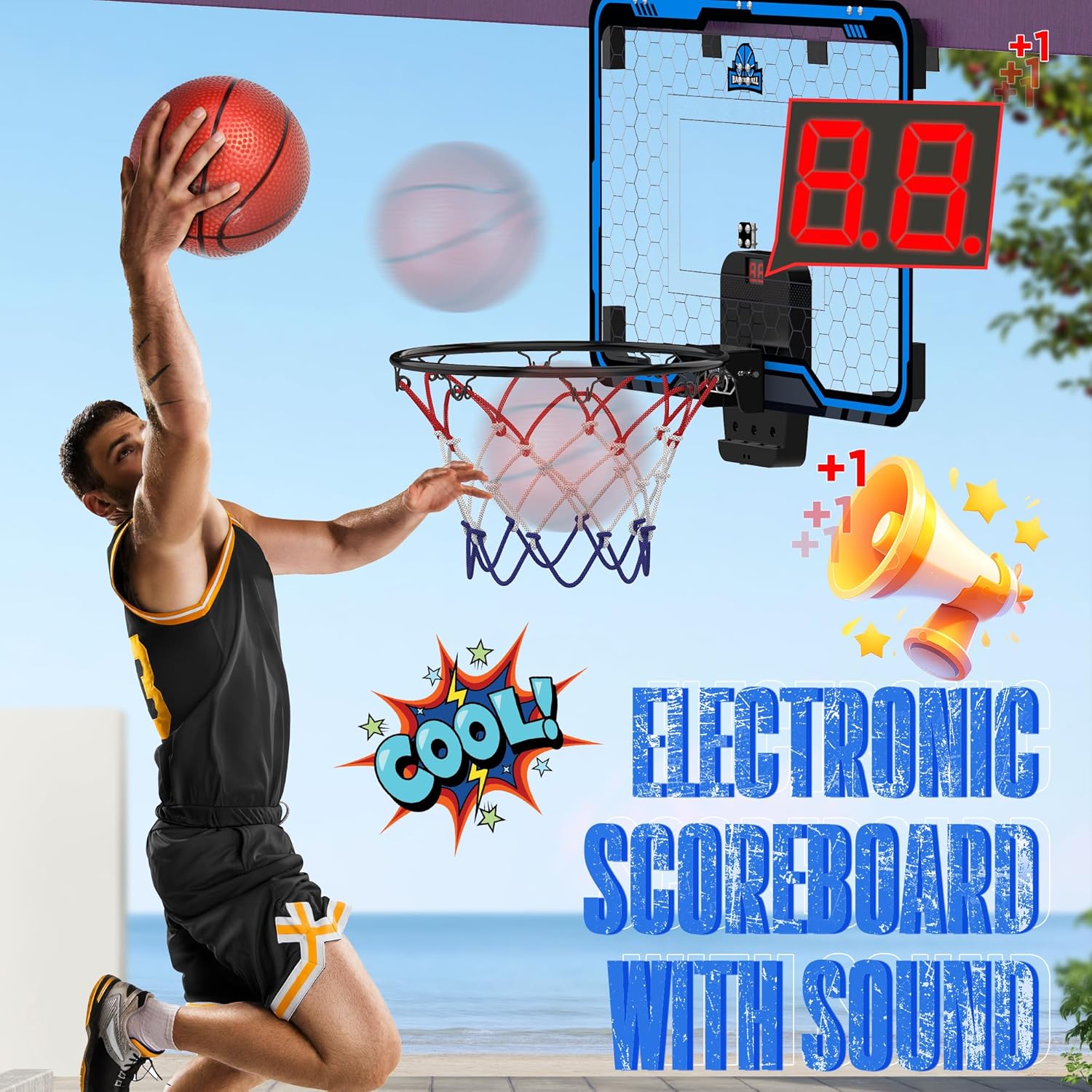 Basketball player scoring on the Hoperock basketball hoop with an electronic scoreboard and sound effects, enhancing the interactive and fun gameplay experience for players of all ages.