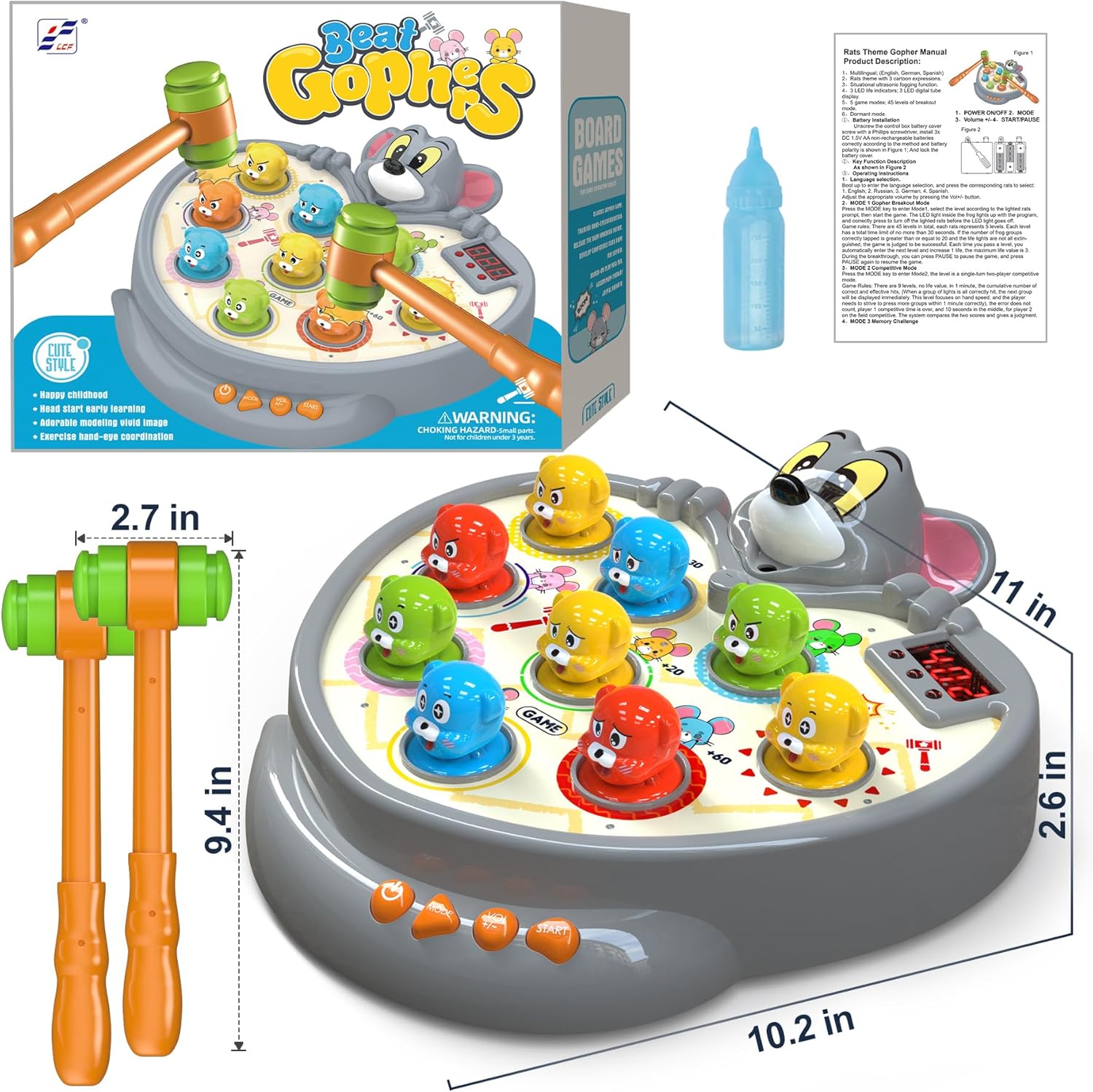 Hoperock Beat Gophers game set featuring colorful characters, soft hammers, educational gameplay, and a fun mouse design, encouraging hand-eye coordination and early learning for kids