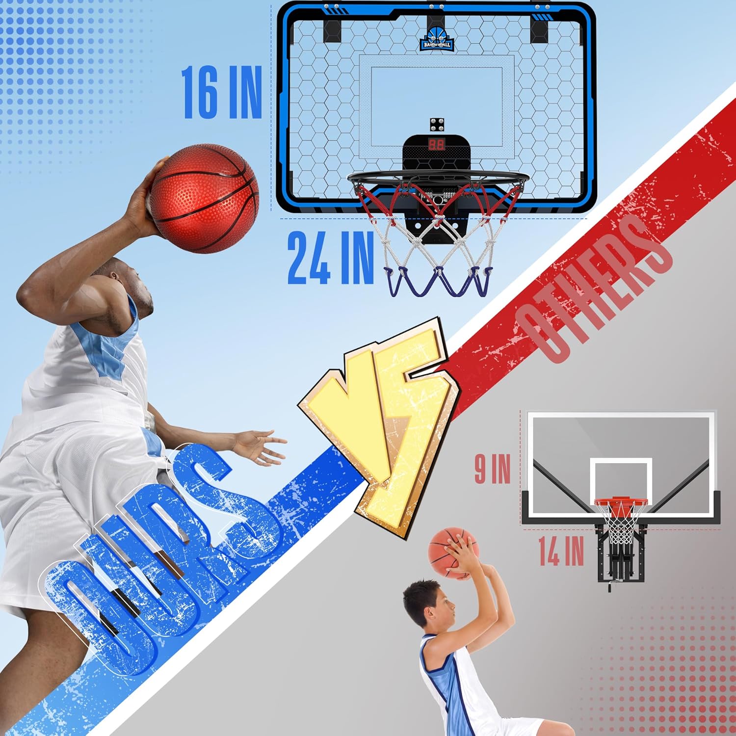 Comparison of the Hoperock basketball hoop with a 24-inch backboard and 16-inch hoop to smaller competitors, highlighting its superior size and enhanced play experience for kids and adults.