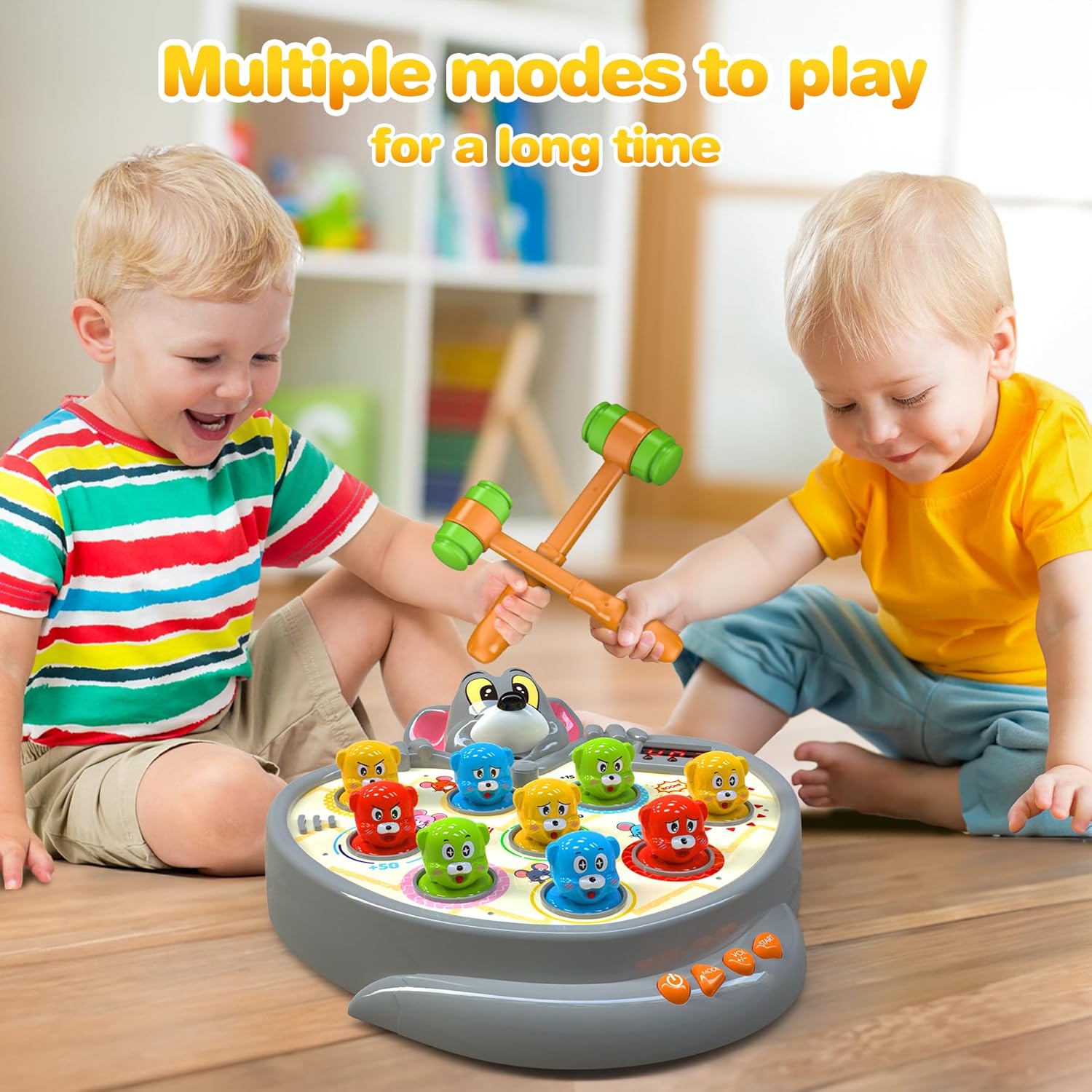 Hoperock Beat Gophers game for kids featuring multiple play modes, colorful characters, soft hammers, and an interactive design, encouraging hand-eye coordination and hours of fun learning