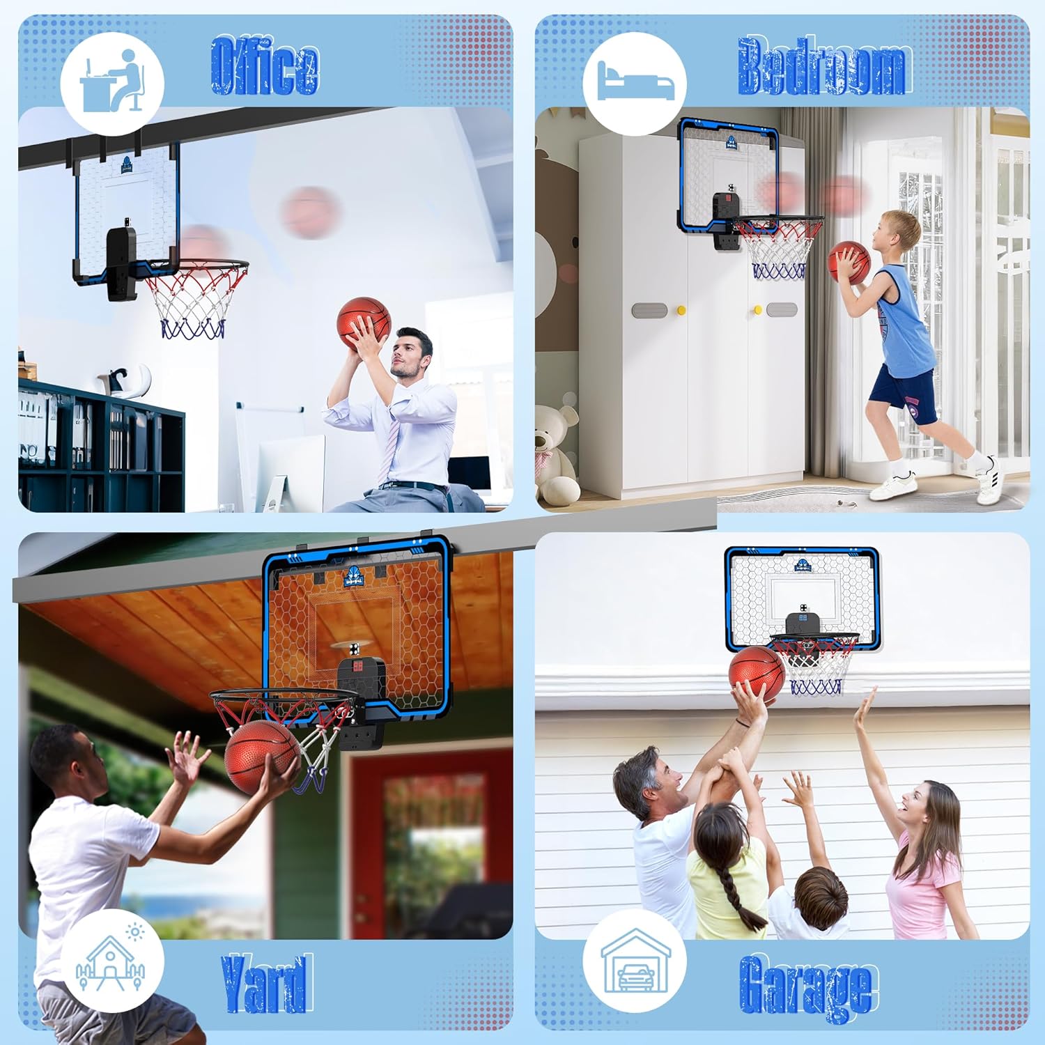 Hoperock basketball hoop showcased in multiple settings, including office, bedroom, yard, and garage, demonstrating its versatility and suitability for fun and active play in any location.