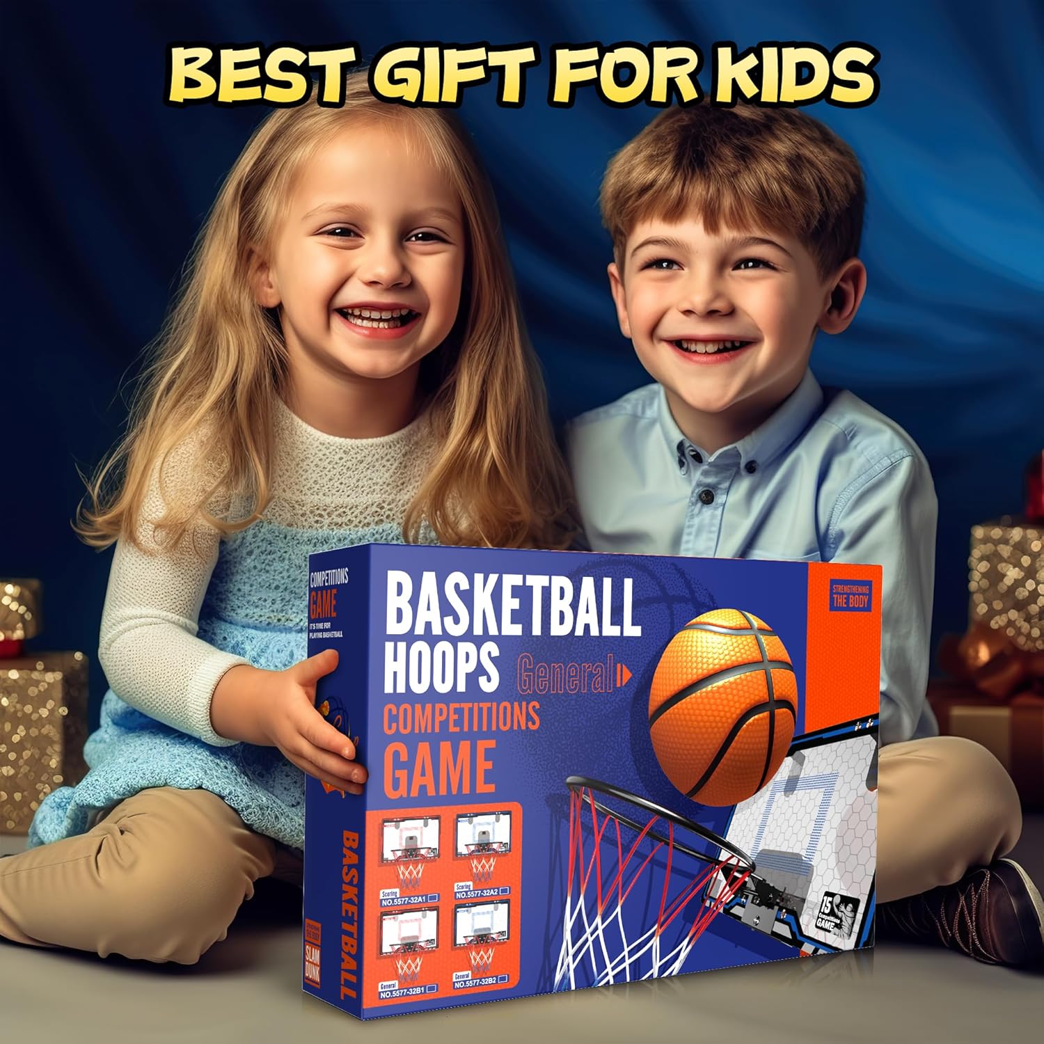 Smiling children holding the Hoperock basketball hoops competition game, a perfect gift for kids, featuring interactive play and skill-building for endless fun and excitement.