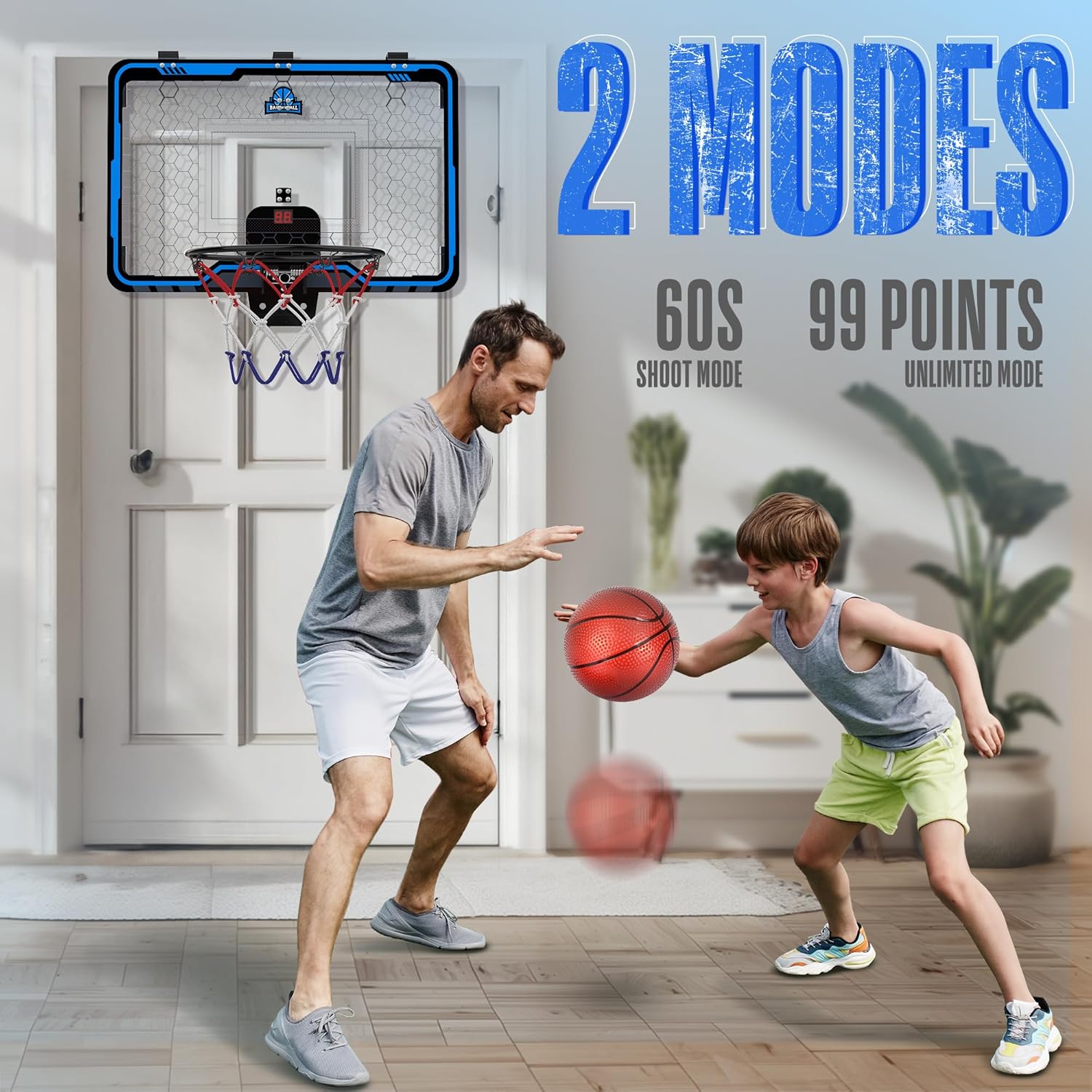 Father and son playing with the Hoperock basketball hoop featuring 2 modes: 60-second shoot mode and 99-point unlimited mode, designed for competitive and interactive indoor fun