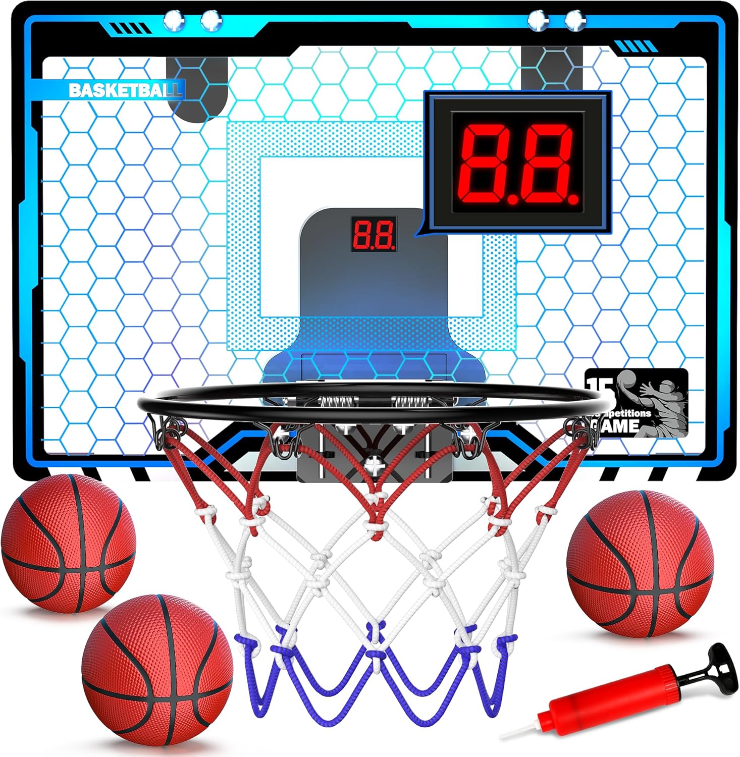 Hoperock electronic basketball hoop set featuring an LED score display, durable backboard, red and blue net, mini basketballs, and pump, perfect for fun and interactive indoor play.