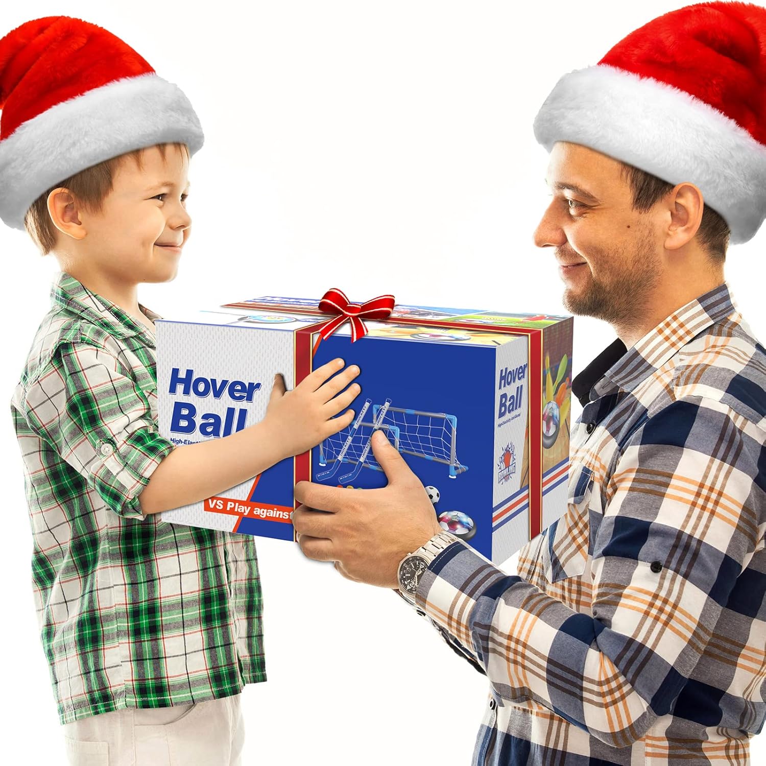 Father and son exchanging the Hoperock Hover Ball sports set gift box, perfect for holiday celebrations and interactive family play