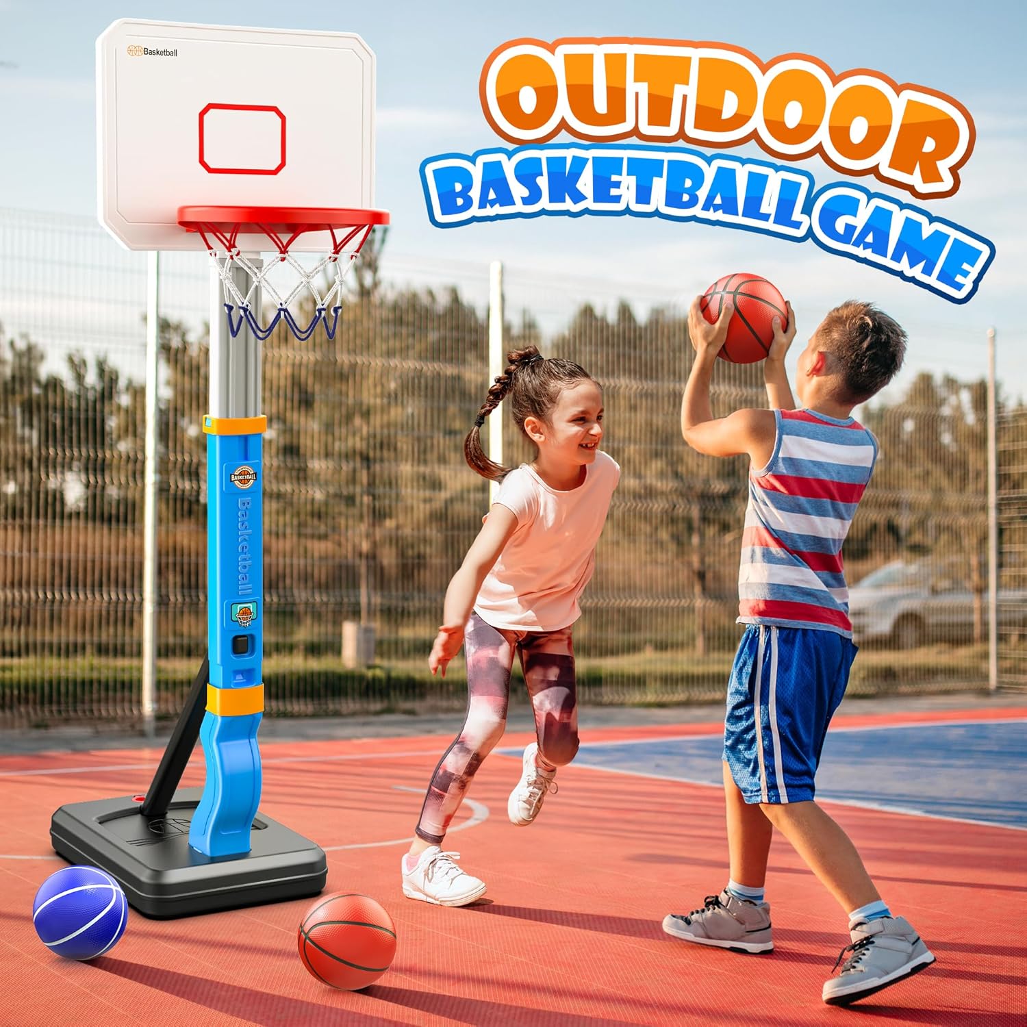 Outdoor basketball hoop for kids by Hoperock, featuring an adjustable height, sturdy design, and vibrant colors, perfect for promoting active play and teamwork on the court