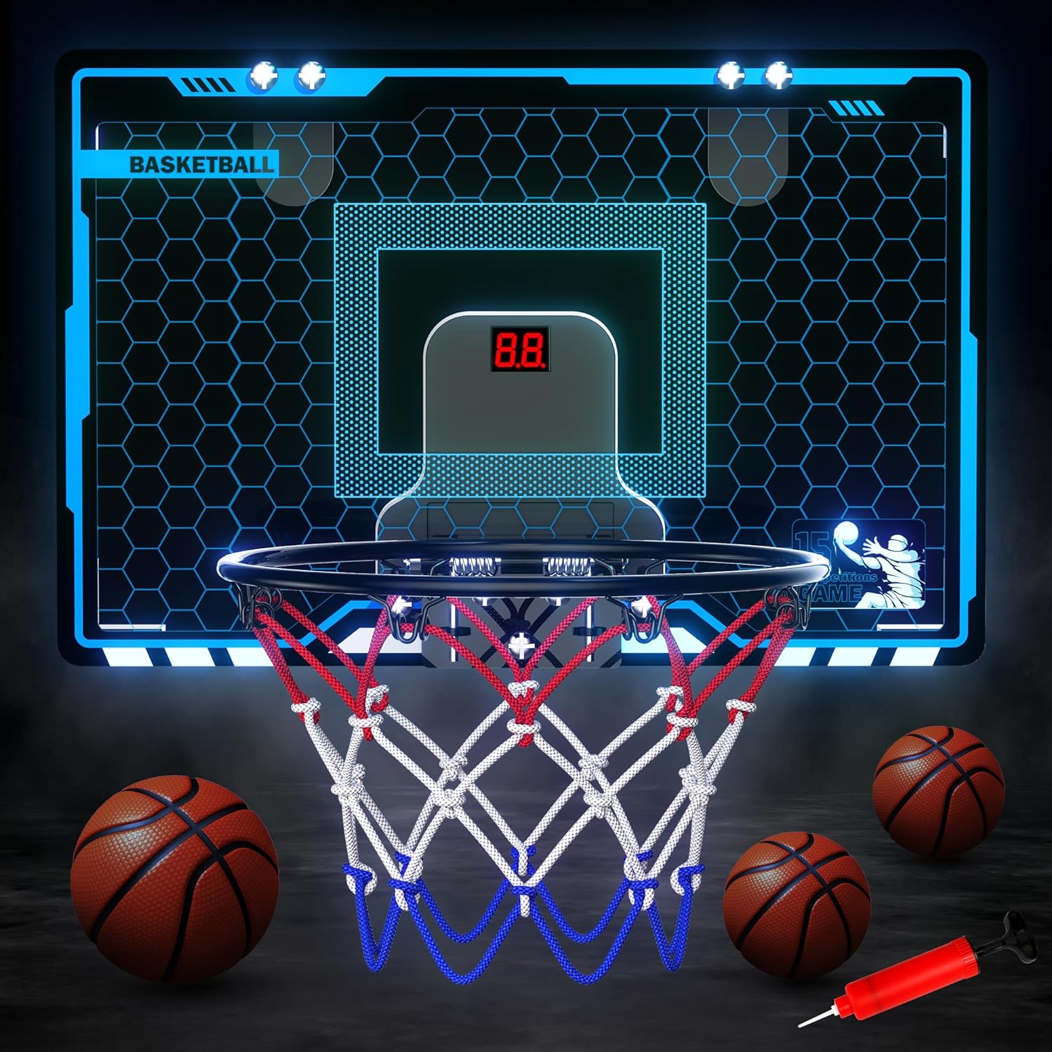 Hoperock LED basketball hoop set featuring a modern hexagonal-patterned backboard, LED score display, durable red and blue net, mini basketballs, and a pump, perfect for interactive indoor play