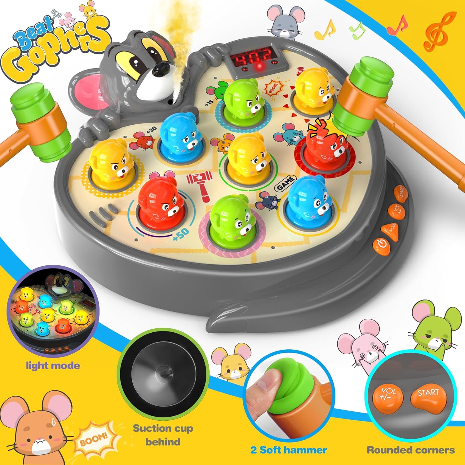 Hoperock Beat Gophers interactive game with colorful light modes, soft hammers, suction cup stability, and rounded corners, designed for safe and fun playtime for kids