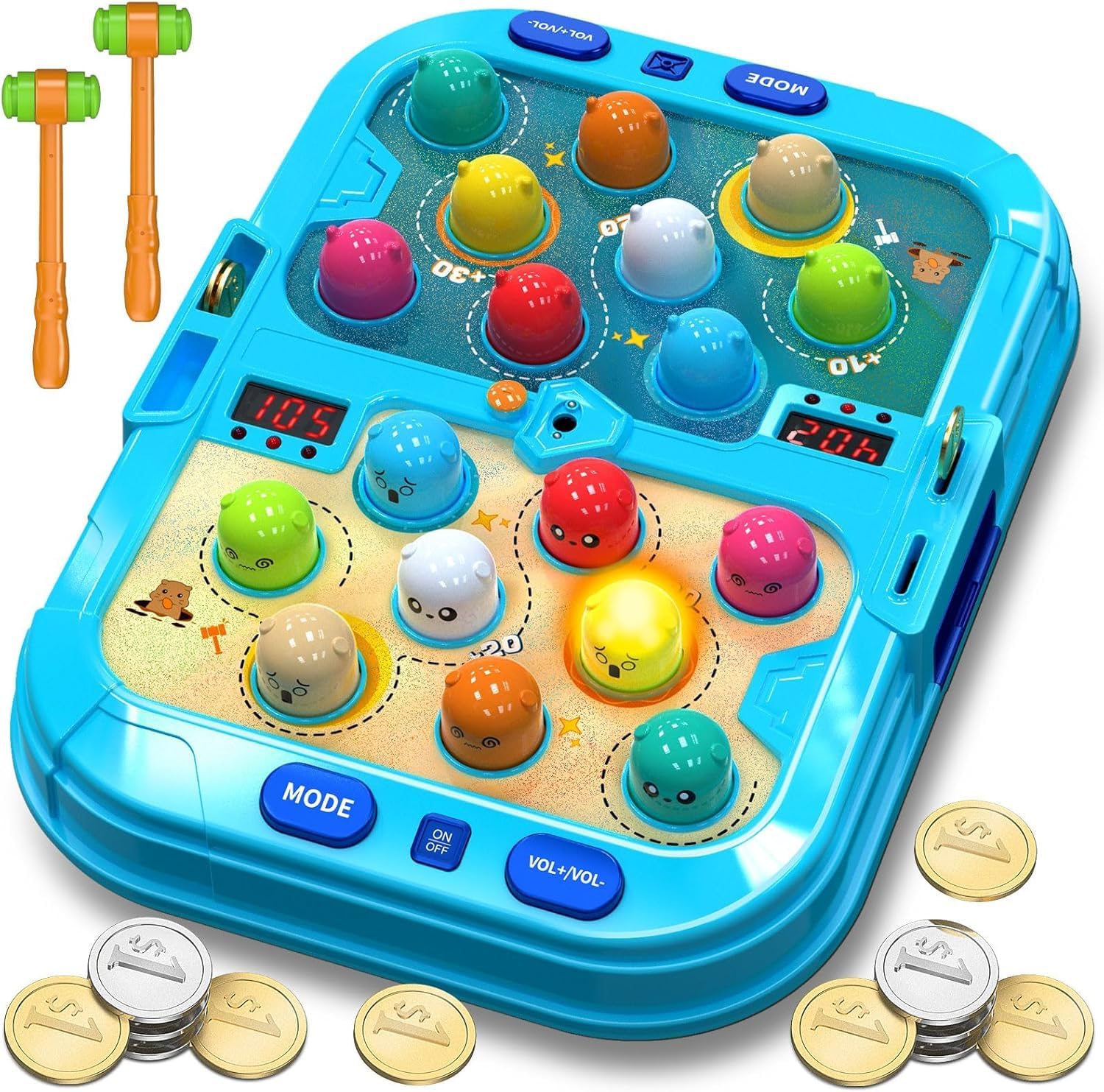 Hoperock interactive hammer game featuring colorful pop-up characters, dual hammers, digital score display, multiple modes, adjustable volume, and included play coins for endless fun and skill development