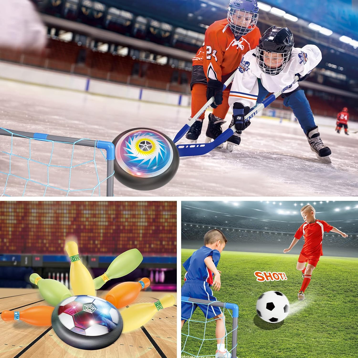 Action-packed scenes showcasing the versatile Hoperock Hover Ball sports set, featuring hockey, soccer, and bowling activities for endless fun and skill development