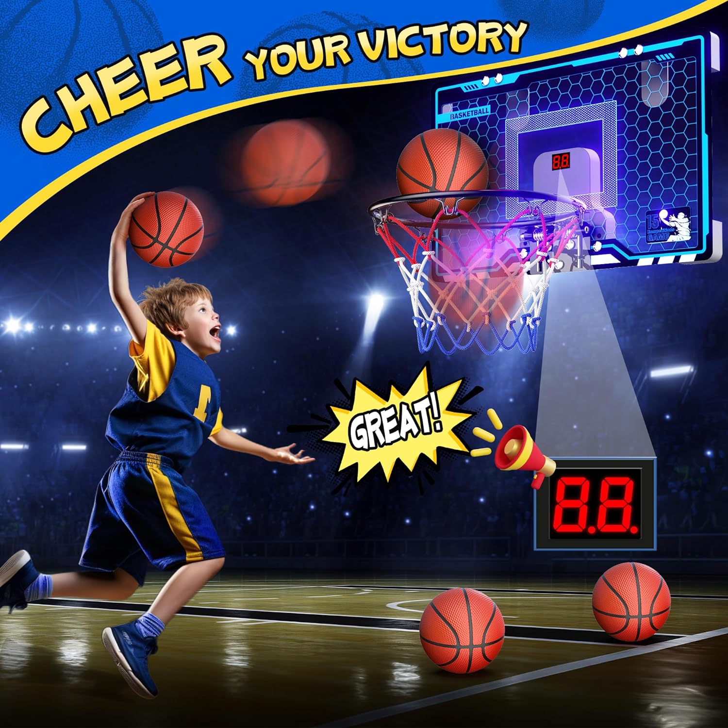 Excited child scoring on the Hoperock basketball hoop with LED score display, colorful design, and interactive gameplay, inspiring fun and competitive spirit for kids.