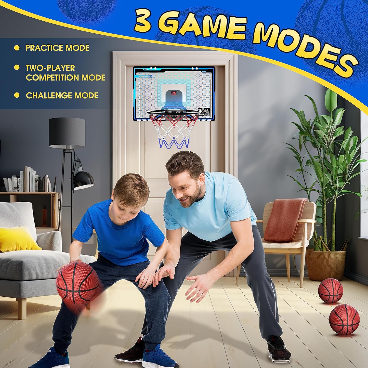 Father and son enjoying the Hoperock basketball hoop with 3 exciting game modes: Practice Mode, Two-Player Competition Mode, and Challenge Mode, perfect for indoor fun and bonding