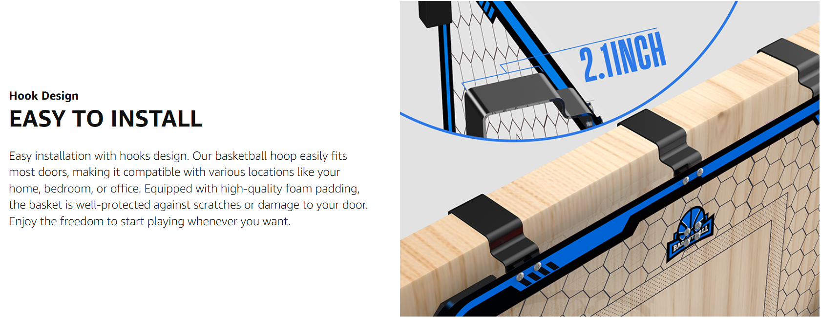 Close-up view of the Hoperock basketball hoop's hook design, showcasing easy installation on doors with protective foam padding for a secure and scratch-free setup, perfect for home, bedroom, or office play