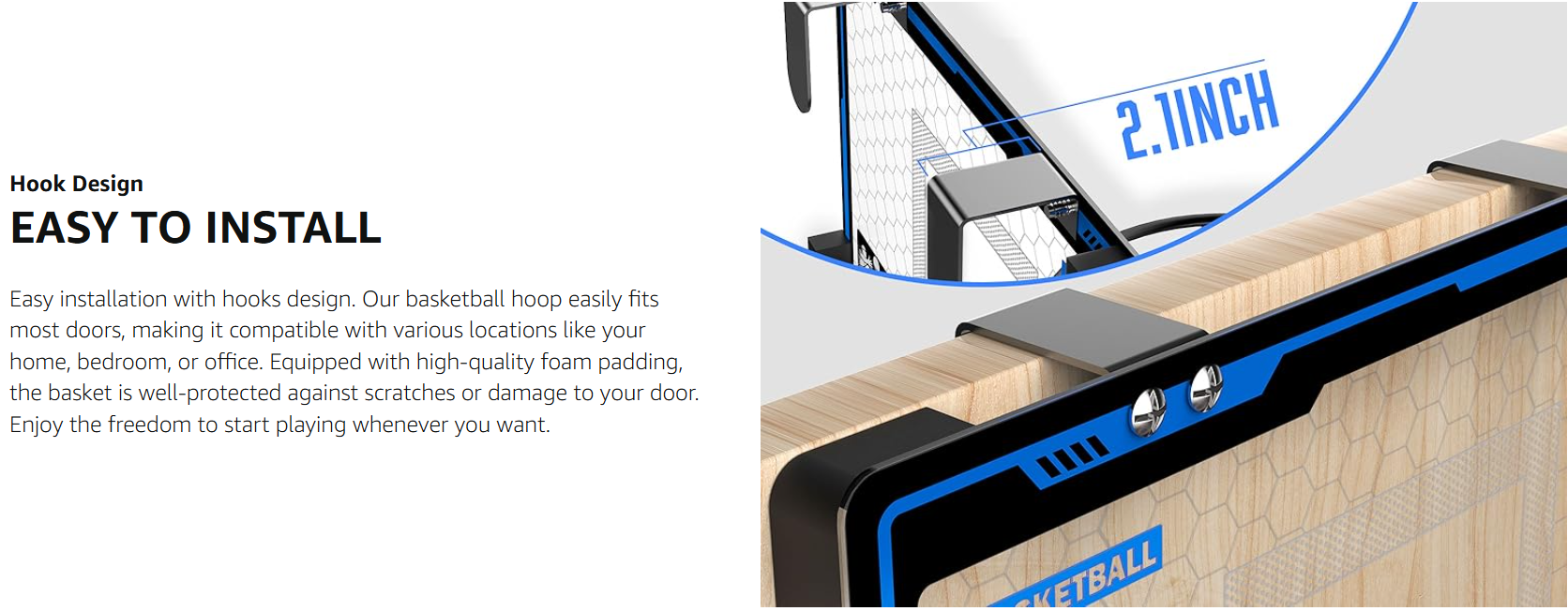 Close-up of the Hoperock basketball hoop featuring an easy-to-install hook design with 2.1-inch compatibility, high-quality foam padding for door protection, and versatile use in homes, bedrooms, or offices