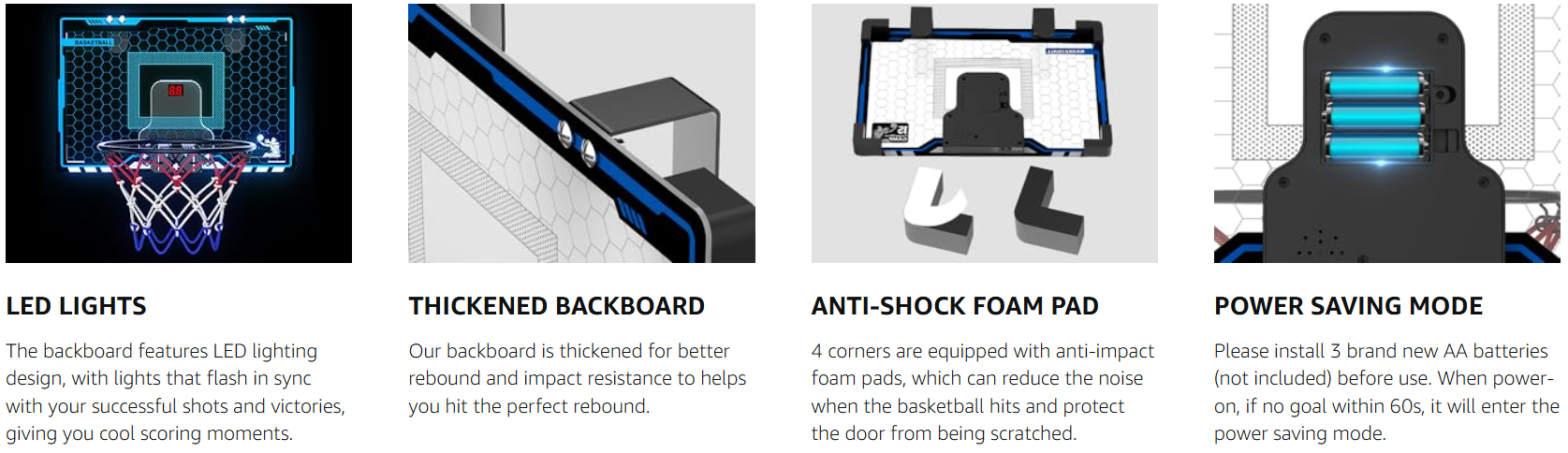 Features of the Hoperock basketball hoop include LED lighting for exciting scoring moments, a thickened backboard for improved rebound resistance, anti-shock foam pads to protect doors and reduce noise, and a power-saving mode for efficient battery use