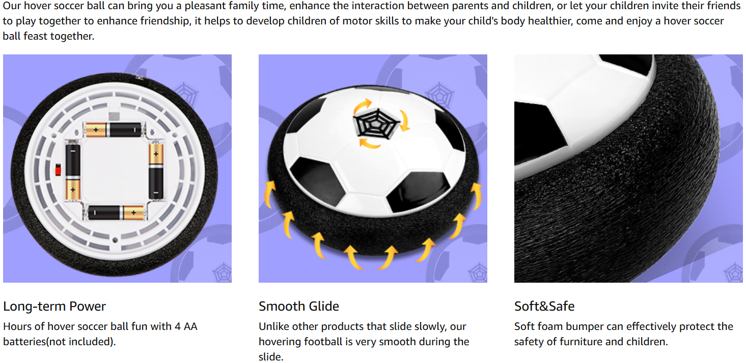 Detailed features of the Hoperock Hover Soccer Ball, highlighting long-term power with 4 AA batteries, smooth gliding motion, and a soft foam bumper for safe play indoors